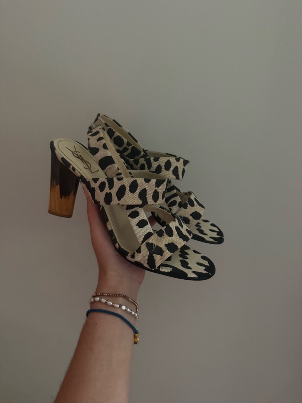 Yves Saint Laurent Black and Cream Leopard Print Strappy Block Heels